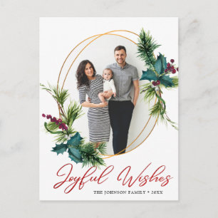 Elegant Christmas Joyful Wishes Holly Pine Photo Postcard