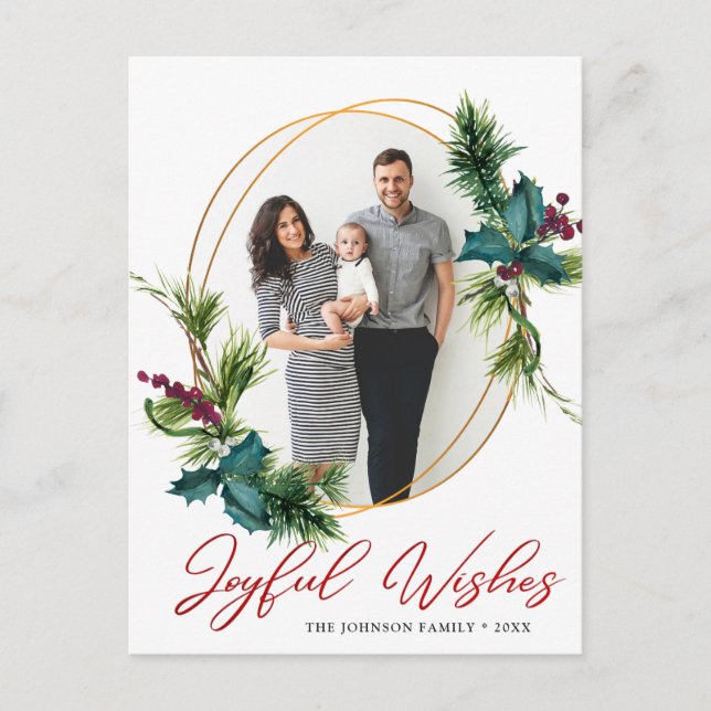 Elegant Christmas Joyful Wishes Holly Pine Photo Postcard (Front)