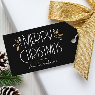 Elegant Christmas Leaves Custom Black White Gold Gift Tags
