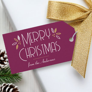 Elegant Christmas Leaves Custom Plum Gold Gift Tags