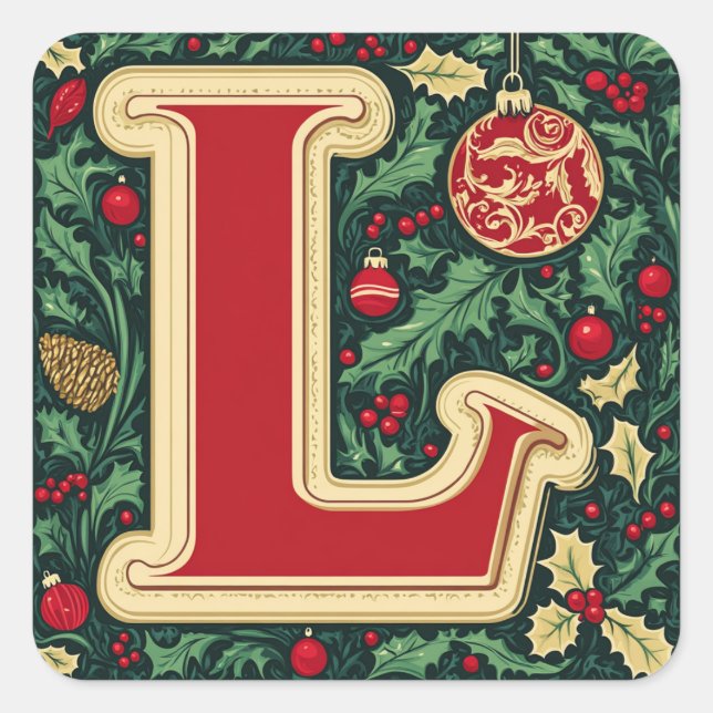 Elegant Christmas Letter L: Red, Green, Gold Square Sticker (Front)