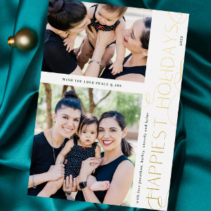 ELEGANT CHRISTMAS Modern 2 photo FRAME HAPPY GOLD Foil Holiday Card