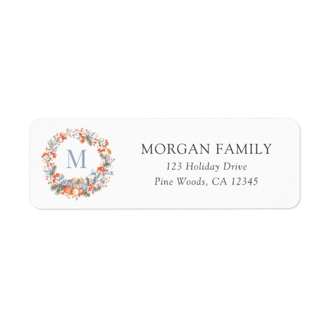 Elegant Christmas Monogram Wreath Return Address (Front)
