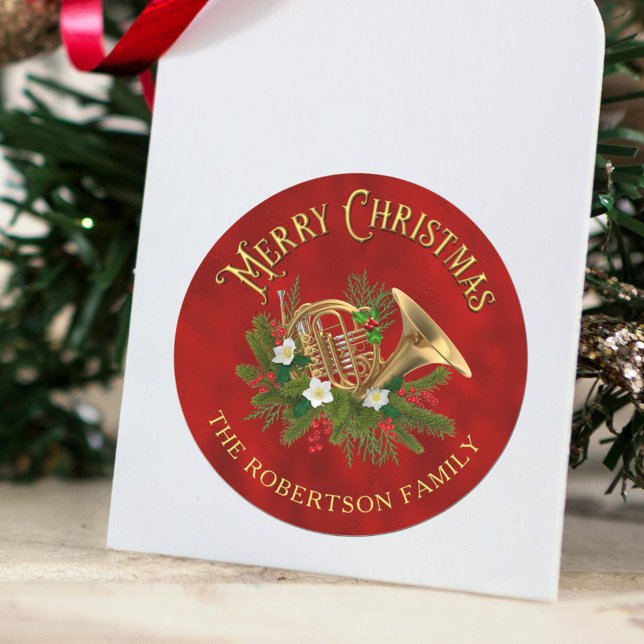 Elegant Christmas Music French Horn Personalised Classic Round Sticker (Creator Uploaded)