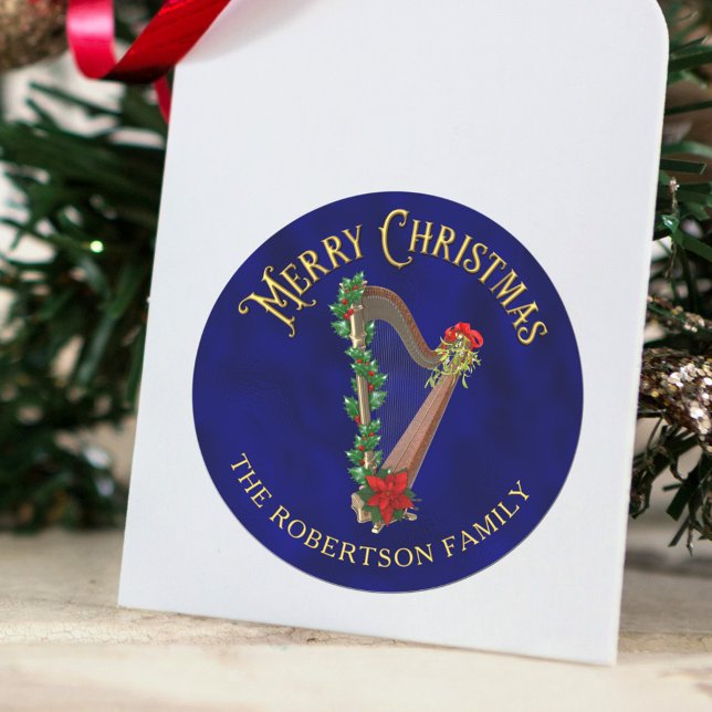 Elegant Christmas Music Harp Personalised Classic Round Sticker (Creator Uploaded)