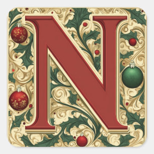 Elegant Christmas N: Red, Green, Gold and Greenery Square Sticker