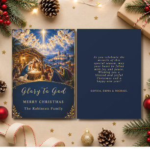 Elegant Christmas Nativity Scene Blue Gold Holiday Card