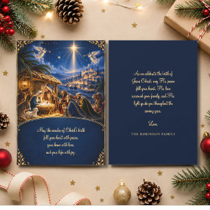 Elegant Christmas Nativity Scene Blue Gold Holiday Card