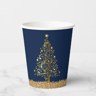 Elegant Christmas New Years Blue Gold Glitter Paper Cups