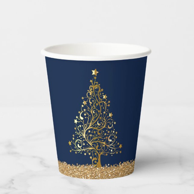 Elegant Christmas New Years Blue Gold Glitter Paper Cups (Front)