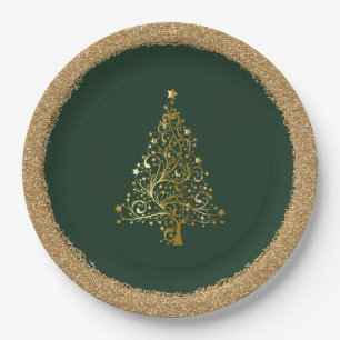 Elegant Christmas New Years Green Gold Glitter Paper Plate