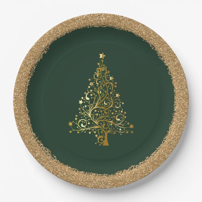Elegant Christmas New Years Green Gold Glitter Paper Plate (Front)