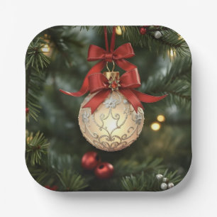 Elegant Christmas Ornament Collection with Red Bow Paper Plate