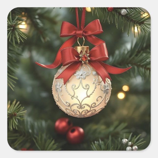 Elegant Christmas Ornament Collection with Red Bow Square Sticker (Front)