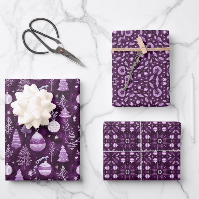 Elegant Christmas Ornament & Mandala Pattern plum Wrapping Paper Sheet (Front)