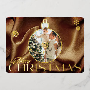 Elegant Christmas Ornament Photo Brown Satin Gold  Foil Holiday Card