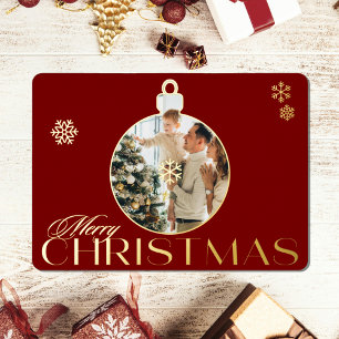 Elegant Christmas Ornament Photo Red and Gold  Foil Holiday Card
