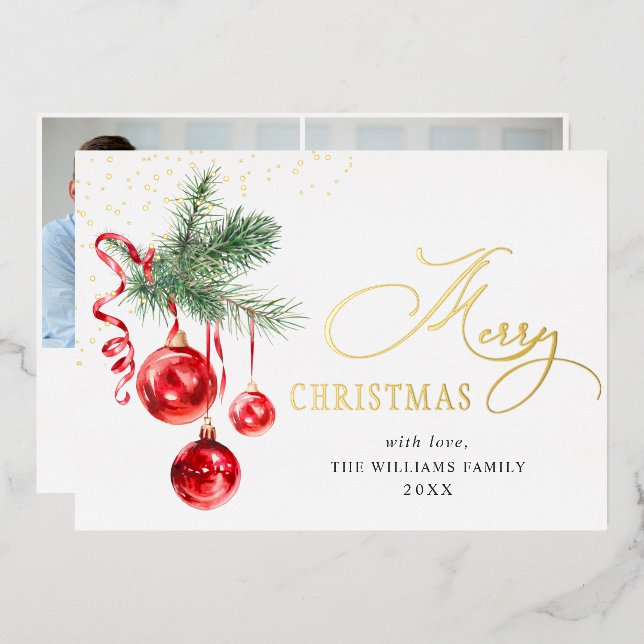 Elegant Christmas Ornament Red Balls 2 Photo Gold Foil Holiday Card (Front/Back)