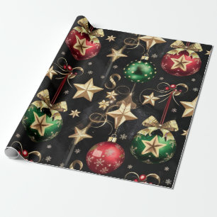 Elegant Christmas Ornaments and Golden Stars Wrapping Paper