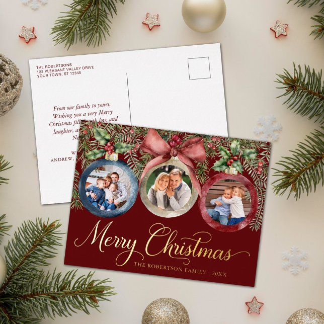 Elegant Christmas Ornaments Family Photo Red Gold Foil Holiday Postcard (Creator Uploaded)