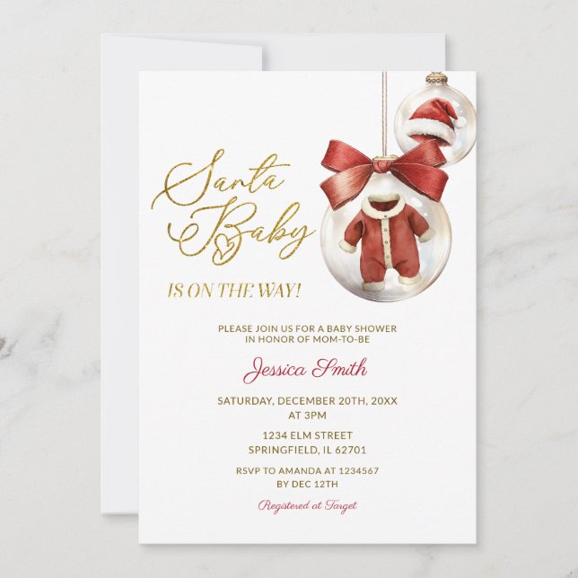 Elegant Christmas Ornaments Gold Santa Baby Shower Invitation (Front)