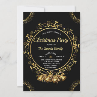 Elegant CHRISTMAS PARTY Black and Gold bells Invitation