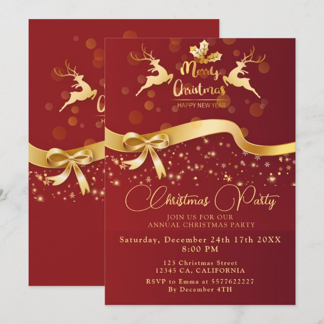 Elegant Christmas PARTY Black Gold Red Glitter  Invitation (Front/Back)