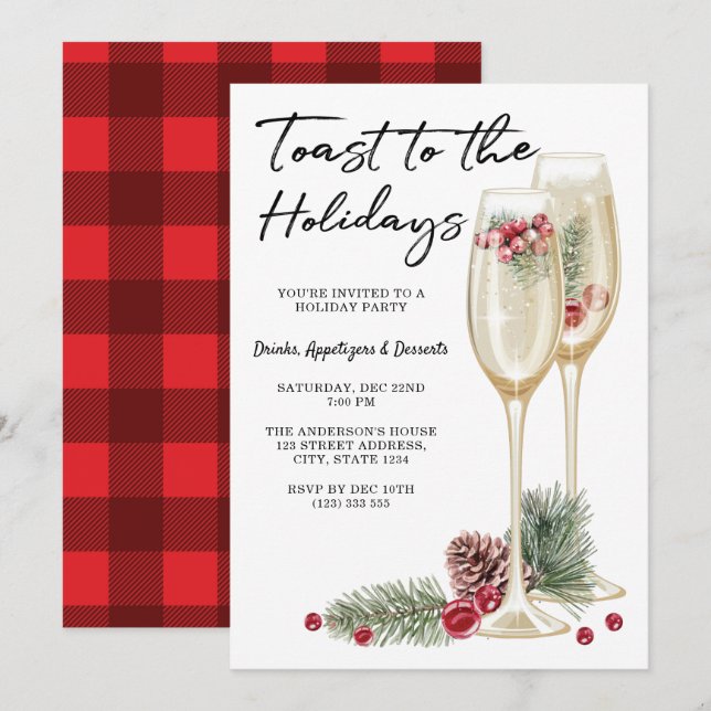 Elegant Christmas Party Champagne Glass Invitation (Front/Back)