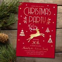 Elegant Christmas Party Deep Red Foil Invitation