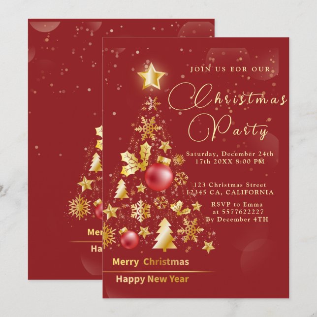 Elegant Christmas PARTY Gold Glitter Red Invitation (Front/Back)