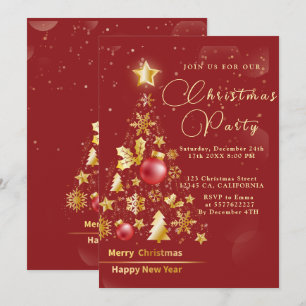 Elegant Christmas PARTY Gold Glitter Red Invitation