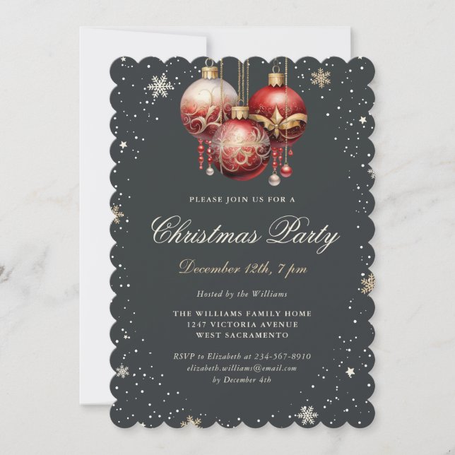 Elegant Christmas Party Gold Red Ornaments Invitation (Front)