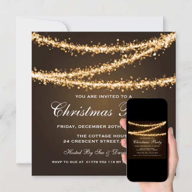 Elegant Christmas Party Gold String Lights Invitation Zazzle