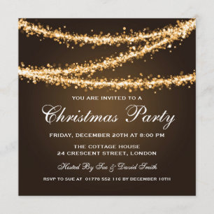 Elegant Christmas Party Gold String Lights Invitation