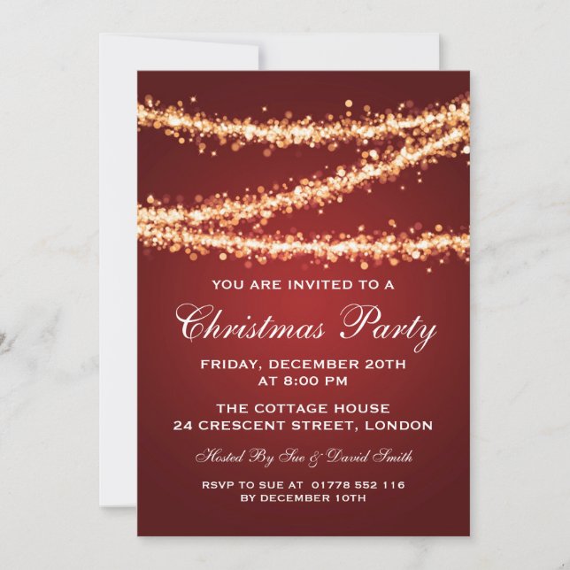 Elegant Christmas Party Gold String Lights Red Invitation (Front)