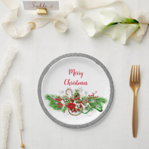 Elegant Christmas Party Greenery with Glitter Paper Plate