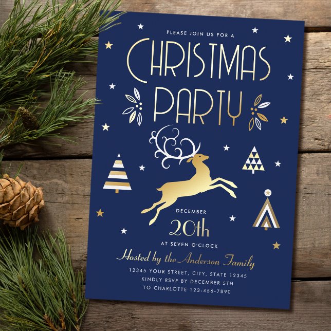 Elegant Christmas Party Midnight Blue Gold Foil Foil Holiday Card (Creator Uploaded)