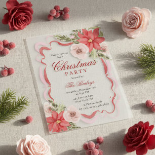 Elegant Christmas Party Poinsettia Rose Ribbon Vellum Invitations