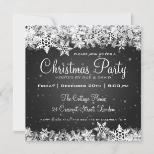 Elegant Christmas Party Snowflakes 2 Black Invitation