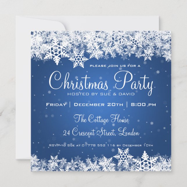 Elegant Christmas Party Snowflakes 2 Blue Invitation (Front)