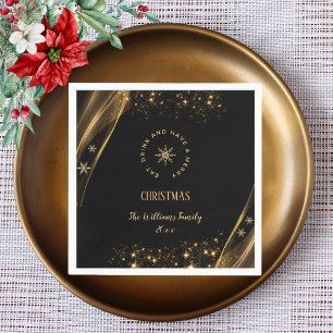 Elegant Christmas Party Snowflakes Black Gold Napkin