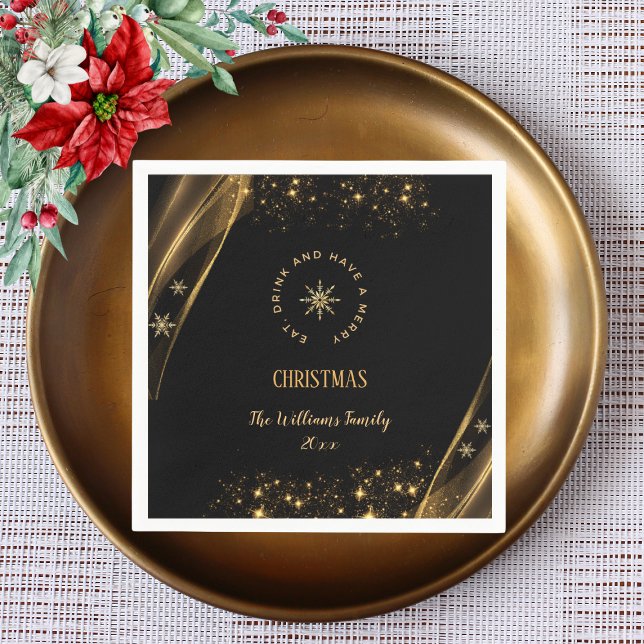 Elegant Christmas Party Snowflakes Black Gold  Napkin (Creator Uploaded)