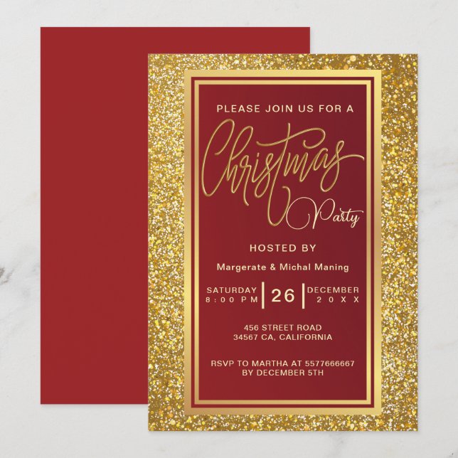 Elegant Christmas Party Sparkle Gold Invitation (Front/Back)