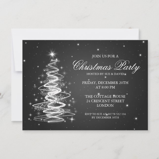 Elegant Christmas Party Sparkling Tree Black Invitation (Front)