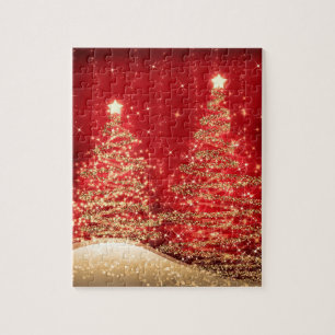 Elegant Christmas Party Sparkling Trees Red  Jigsaw Puzzle