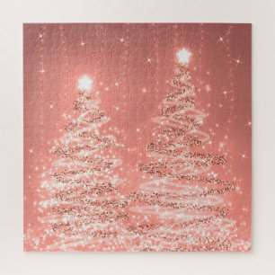 Elegant Christmas Party Sparkling Trees Rose Gold  Jigsaw Puzzle