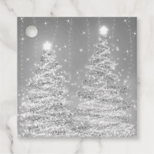 Elegant Christmas Party Sparkling Trees Silver  Favour Tags