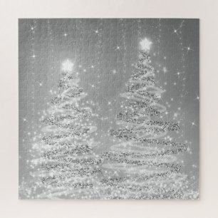 Elegant Christmas Party Sparkling Trees Silver  Jigsaw Puzzle