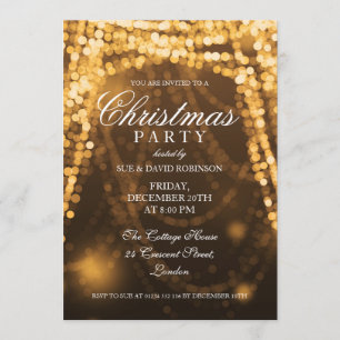 Elegant Christmas Party String Lights Gold Invitation