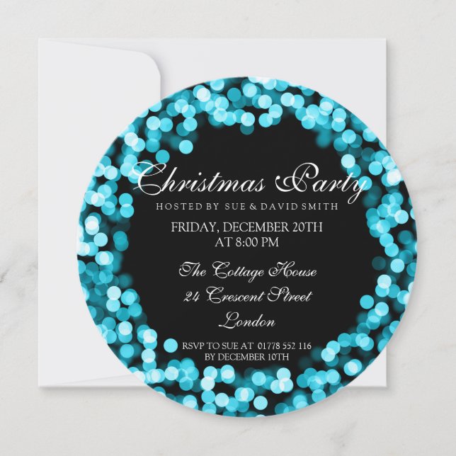 Elegant Christmas Party Turquoise Sparkly Lights Invitation (Front)